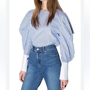 Haoduoyi Size Large Button Down Collar Shirt puff sleeves blue white stripe